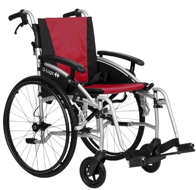 Excel G-Logic Lightweight Self Propelled Wheelchair With Silver Frame and Red Upholstery 16'' Slim Seat